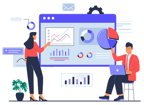 SEO team reviewing an analytics dashboard with organic traffic charts and keyword performance graphs