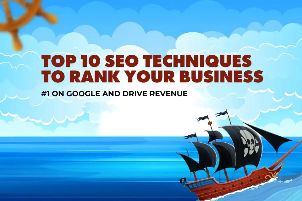 Banner showing top SEO techniques to rank #1 on Google and drive business revenue growth through strategic optimization