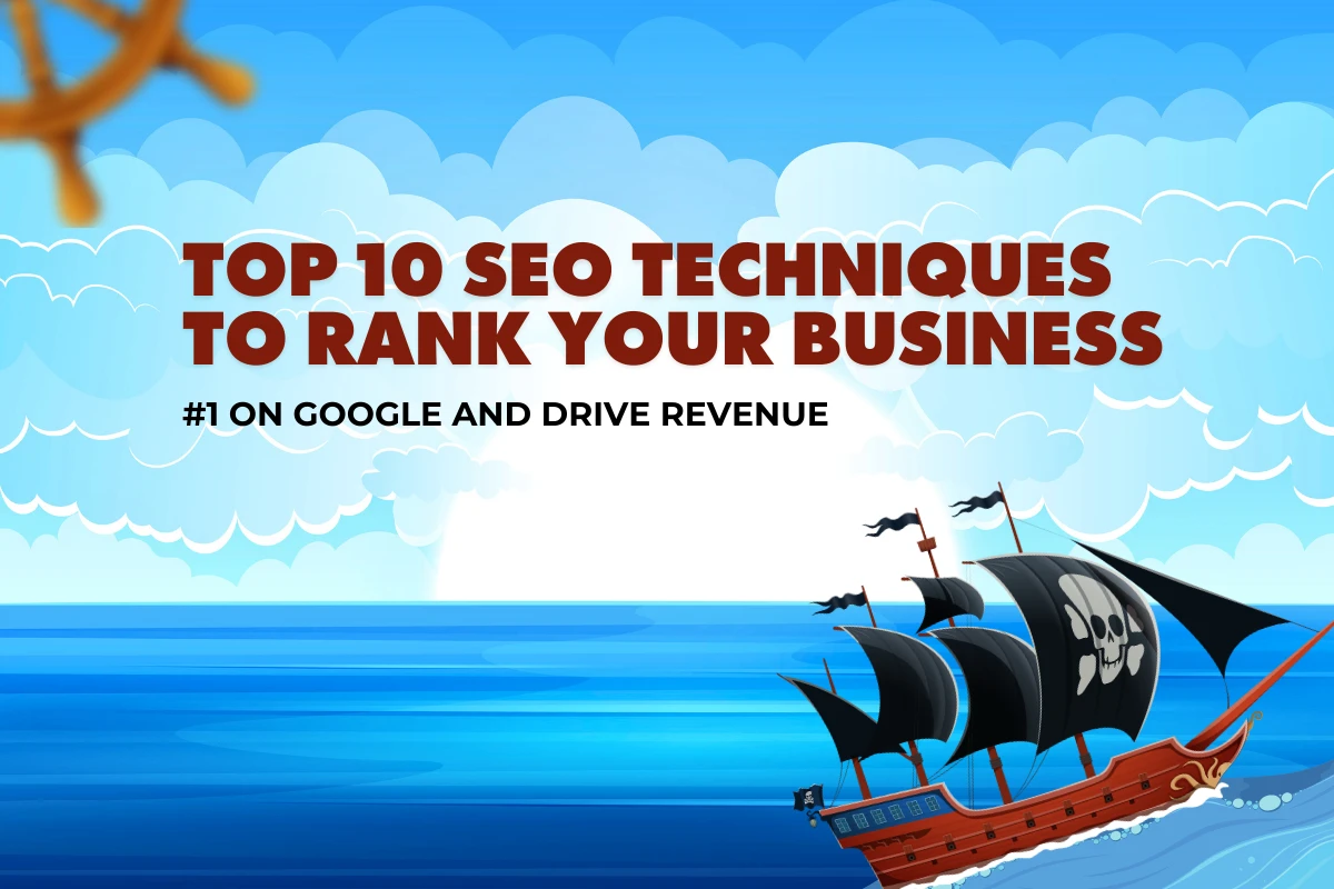 Banner showing top SEO techniques to rank #1 on Google and drive business revenue growth through strategic optimization