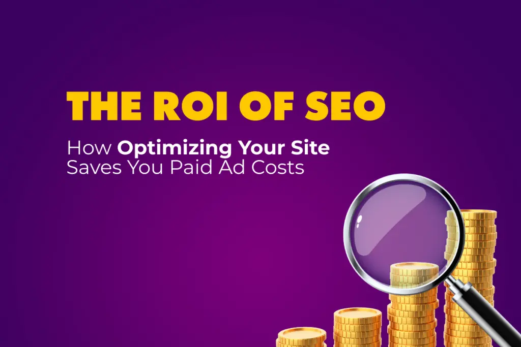 Illustration showing ROI from SEO vs PPC with rising organic traffic and reduced ad spend chart
