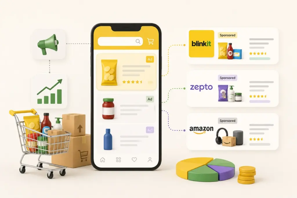 Retail media advertising sponsored ads on Blinkit Zepto and Amazon