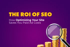 Illustration showing ROI from SEO vs PPC with rising organic traffic and reduced ad spend chart