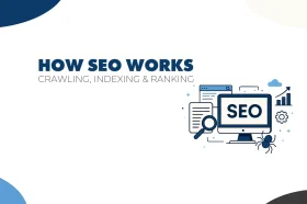Illustration showing how SEO works through crawling, indexing, and ranking to improve website visibility on search engines